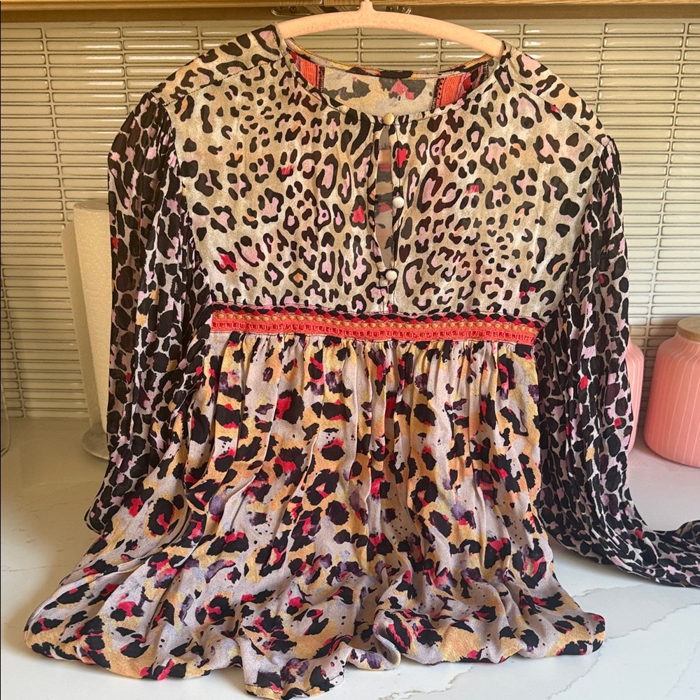 Blank London - Leopard Print Peasant Blouse with Red Trim